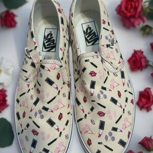 Vans Women's Cream Slip-On Sneakers with Makeup Print